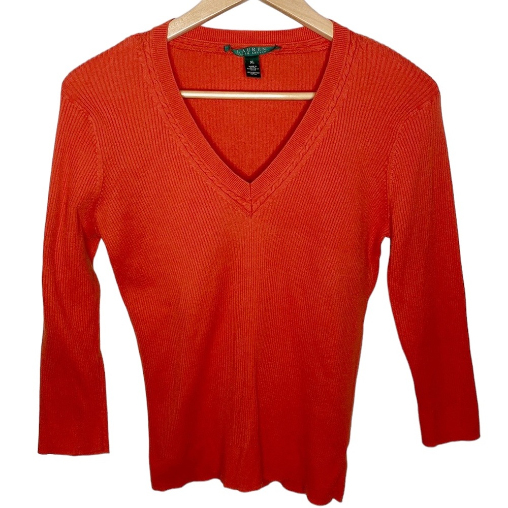 Lauren Ralph Lauren cotton v-neck 3/4 sleeve ribbed knit sweater size XL